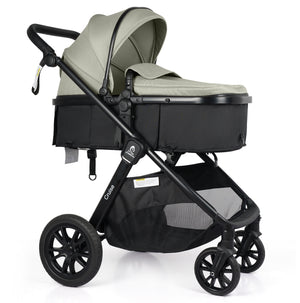 3-in-1 stroller travel system, side carrycot view in sage with black underbasket