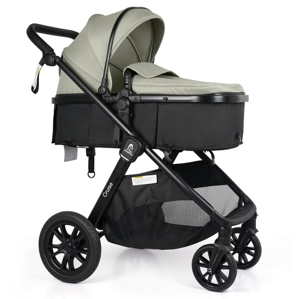 3-in-1 stroller travel system, side carrycot view in sage with black underbasket
