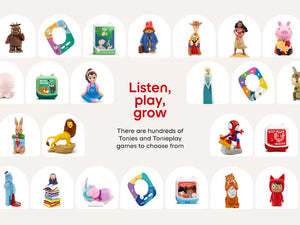 Toniebox character figurines and Tonieplay games in assorted colors
