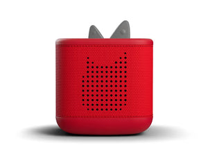 Front view of red Toniebox 2 audio player with perforated speaker grille and gray ears