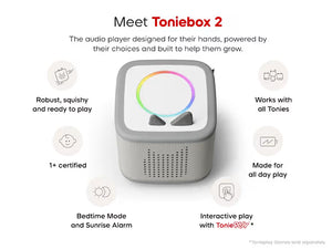 Moon grey Toniebox 2 player with colorful light ring and perforated speaker grille