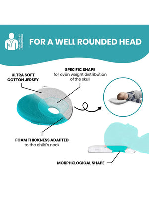Baby head support cushion with contoured foam and a soft cotton jersey cover.