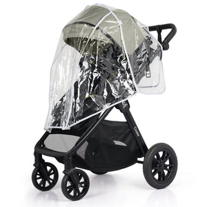 3-in-1 stroller travel system with clear rain cover over sage seat and black wheels