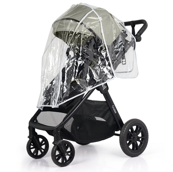 3-in-1 stroller travel system with clear rain cover over sage seat and black wheels