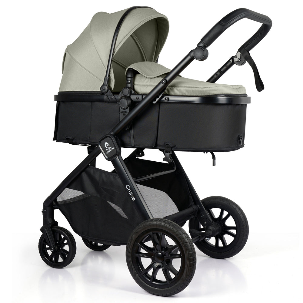 3-in-1 sage and black travel system stroller with infant car seat and accessories