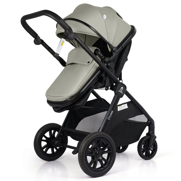 3-in-1 stroller travel system, open carrycot in sage with black base and wheels