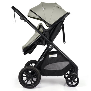 3-in-1 stroller travel system, side view with sage seat cover and black wheels