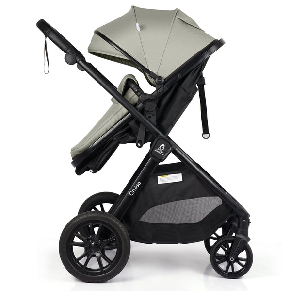 3-in-1 stroller travel system, side view with sage seat cover and black wheels