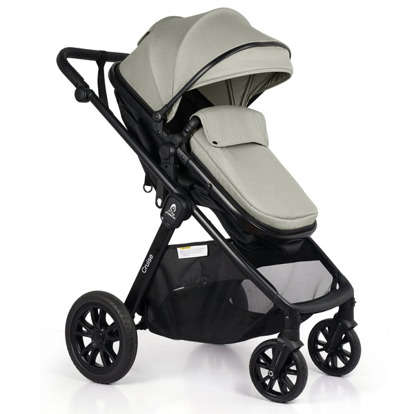 3-in-1 stroller travel system, front seat with sage cushion and black storage basket
