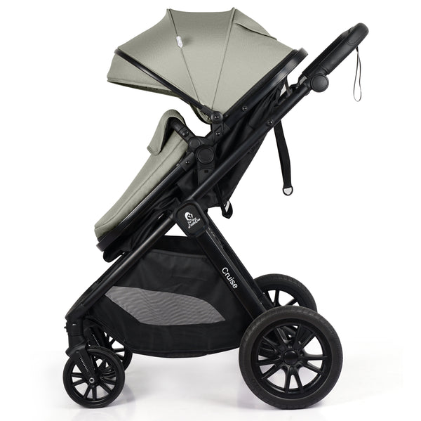 Sage-green stroller seat with black frame, canopy, and large front wheels