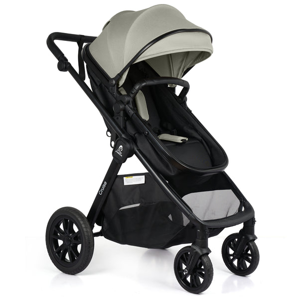 3-in-1 stroller travel system, rear seat view with sage canopy and black frame