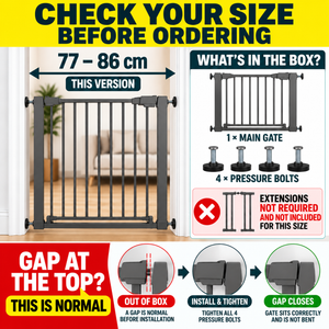 Grey pressure-fit baby safety stair gate with vertical bars and wall mounting brackets