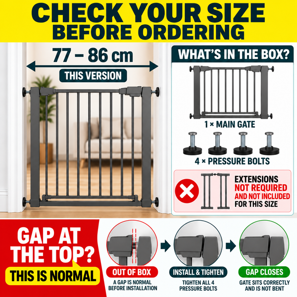 Grey pressure-fit baby safety stair gate with vertical bars and wall mounting brackets