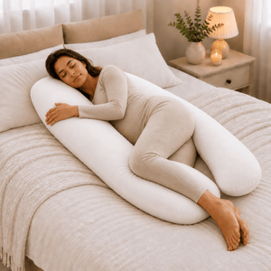 Pregnant woman resting on a bed with a white full-body maternity pillow