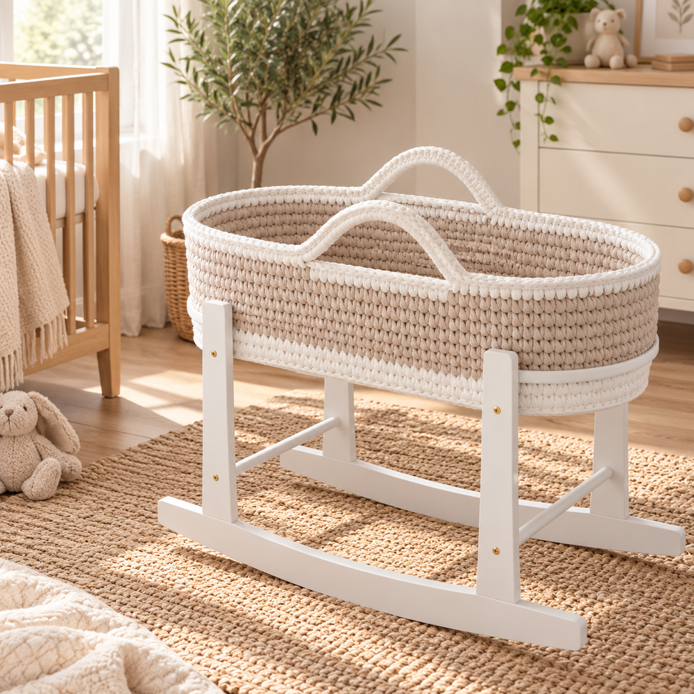 Crochet Moses Baskets With Stand - Beige / White