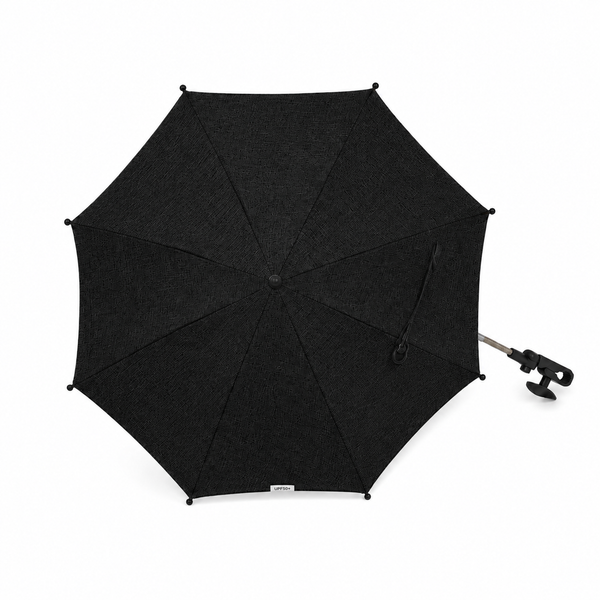 Midnight black baby stroller parasol with vented umbrella canopy and mounting clamp