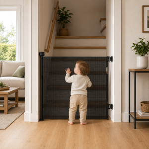 Black retractable stair gate with mesh panel, shown in front of a standing toddler