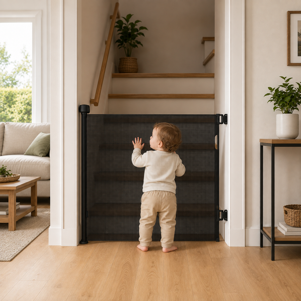 Black retractable stair gate with mesh panel, shown in front of a standing toddler