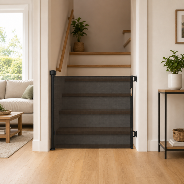 Black fabric retractable stair gate with side mounts for doorway use