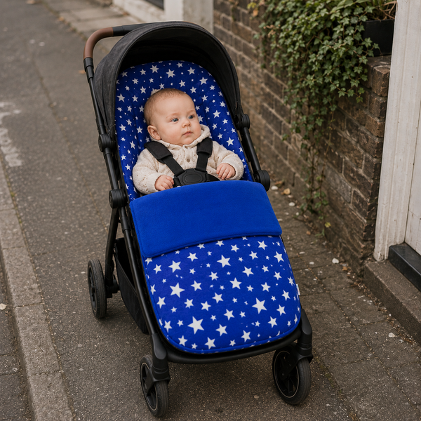 Universal fleece pushchair footmuff with blue cover and white star print