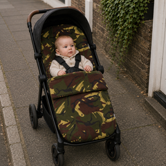 Universal fleece pushchair footmuff with green and brown camouflage cover