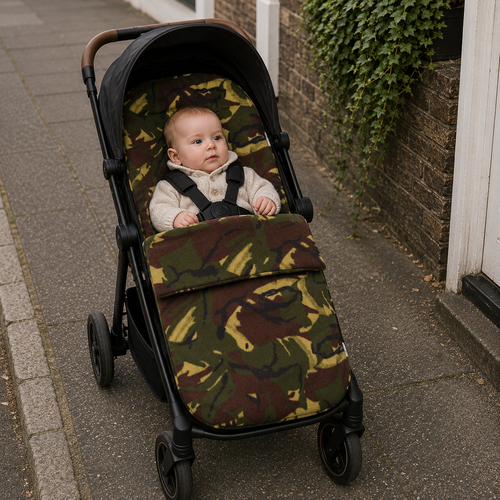 Universal fleece pushchair footmuff with green and brown camouflage cover