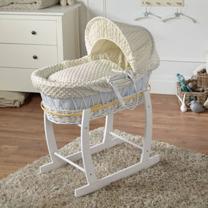 Cream wicker baby Moses basket with white stand and fabric hood