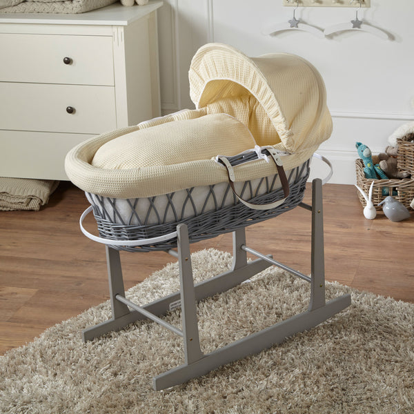 Cream wicker baby Moses basket with grey metal stand