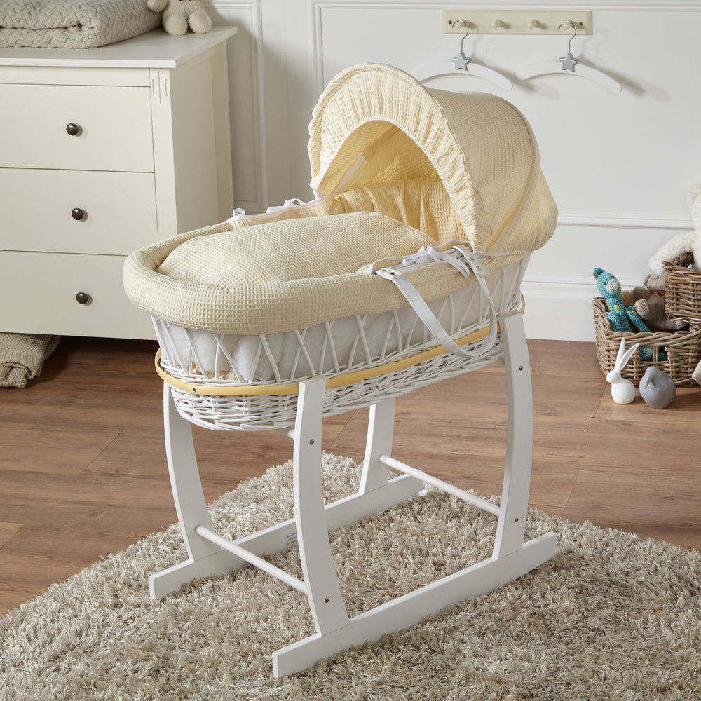Cream Waffle White Wicker Baby Moses Basket With Stand