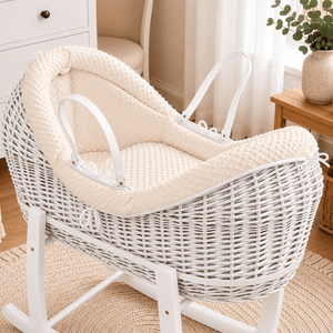 Cream wicker baby Moses basket with white stand and padded pod liner