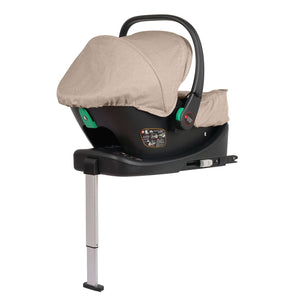 Infant car seat with beige canopy and black base, side view