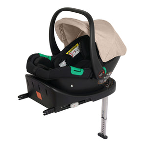 Black infant car seat with beige canopy and visible ISOFIX base connectors