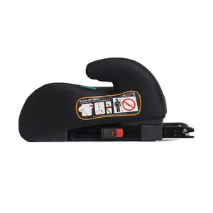 Midnight black booster seat with side label, adjustable headrest, and ISOFIX connectors