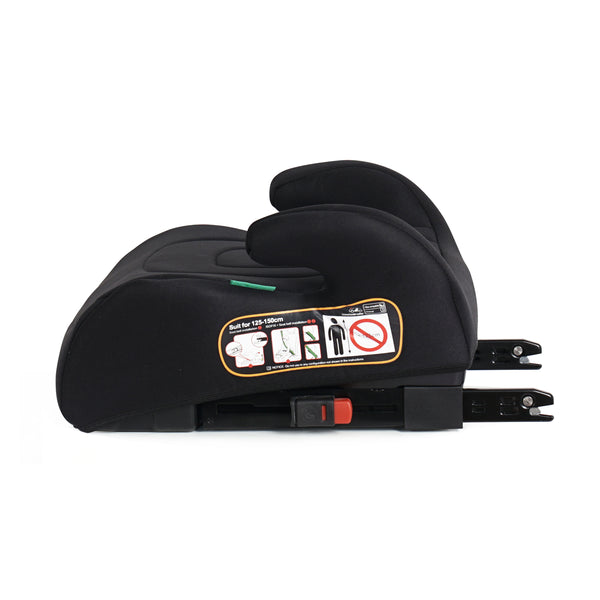 Midnight black UpGo Fix booster seat side view with integrated headrest and ISOFIX latches