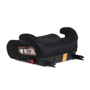 Midnight black ISOFIX booster seat with side label and visible mounting hardware
