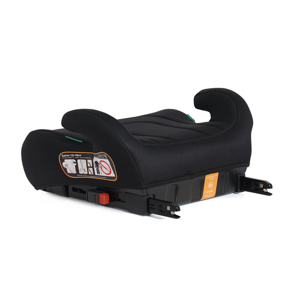 Midnight black ISOFIX booster seat with side label and visible mounting hardware