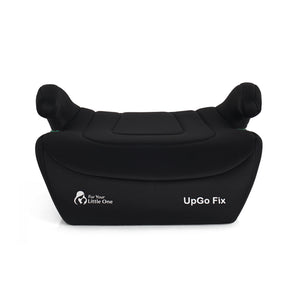 Midnight black booster seat with plush headrest, central insert, and UpGo Fix branding