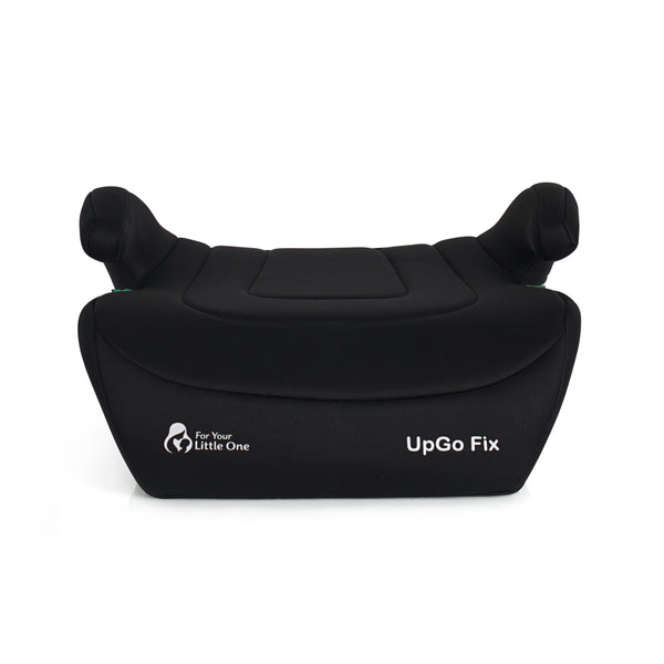 Midnight black booster seat with plush headrest, central insert, and UpGo Fix branding
