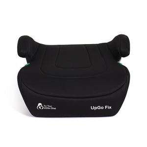 Midnight black booster seat front view with integrated headrest and side arm supports