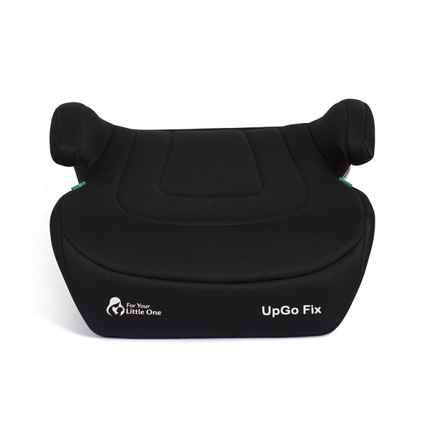 Midnight black booster seat front view with integrated headrest and side arm supports