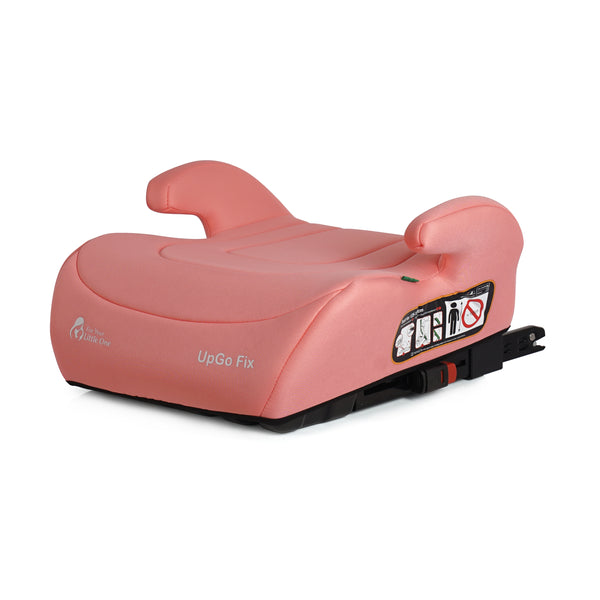 Blush rose booster seat three-quarter view with 'UpGo Fix' logo and instruction label