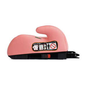 Blush rose booster seat with instruction label on armrest side and black base