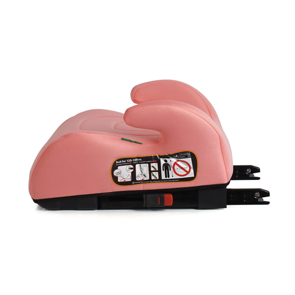 Blush rose booster seat front view with safety instruction panel on side