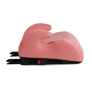 Blush rose booster seat angled view showing rear padding and black mounting points