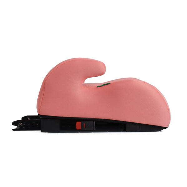 Blush rose booster seat side profile with padded headrest and black base rails