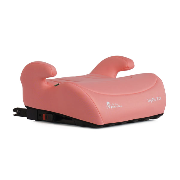 Blush rose booster seat with side headrests and black ISOFIX mounting base