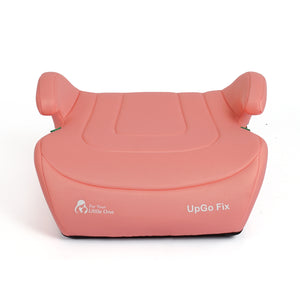 Blush rose booster seat front view with 'UpGo Fix' logo and side head supports
