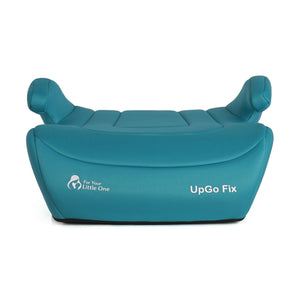 Teal booster seat with wide back and side head supports, front view with logo