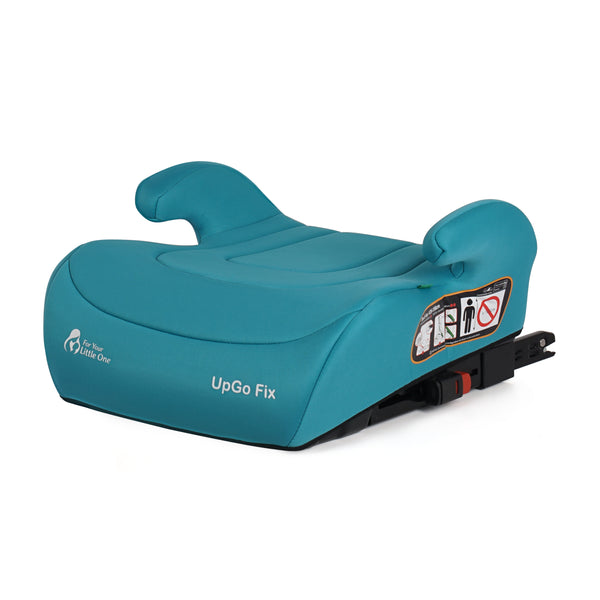 Teal booster seat with side headrests and front safety label panel on black base