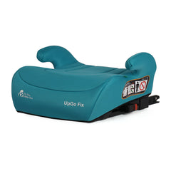 Teal car booster seat with padded headrests and visible ISOFIX attachment hardware